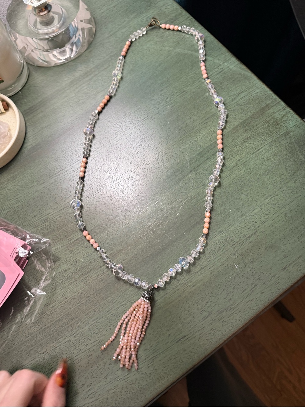 Crystal and Pink Tassel Beaded Necklace - Elegant Women's Jewelry